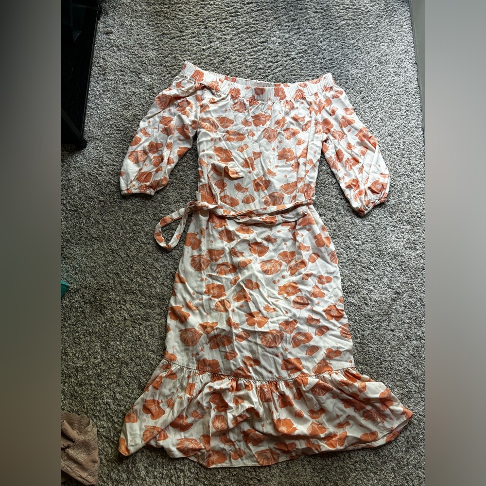 Orange and white floral off shoulder dress with tie
